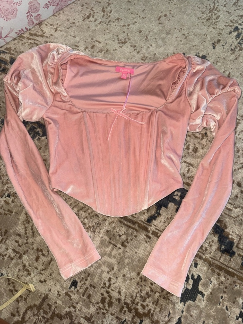 Dolls Kill Blush Pink Velvet Corset Long Sleeve Top